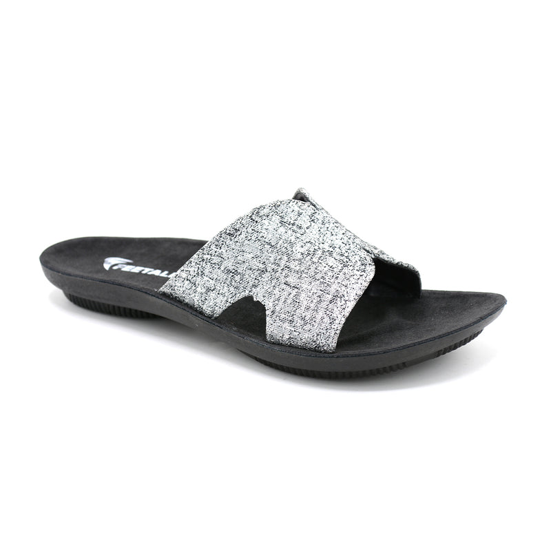 Silver Glitter Slide Sandals With Black Sole