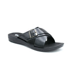 Cross-Strap Buckle Slide Sandal in Black