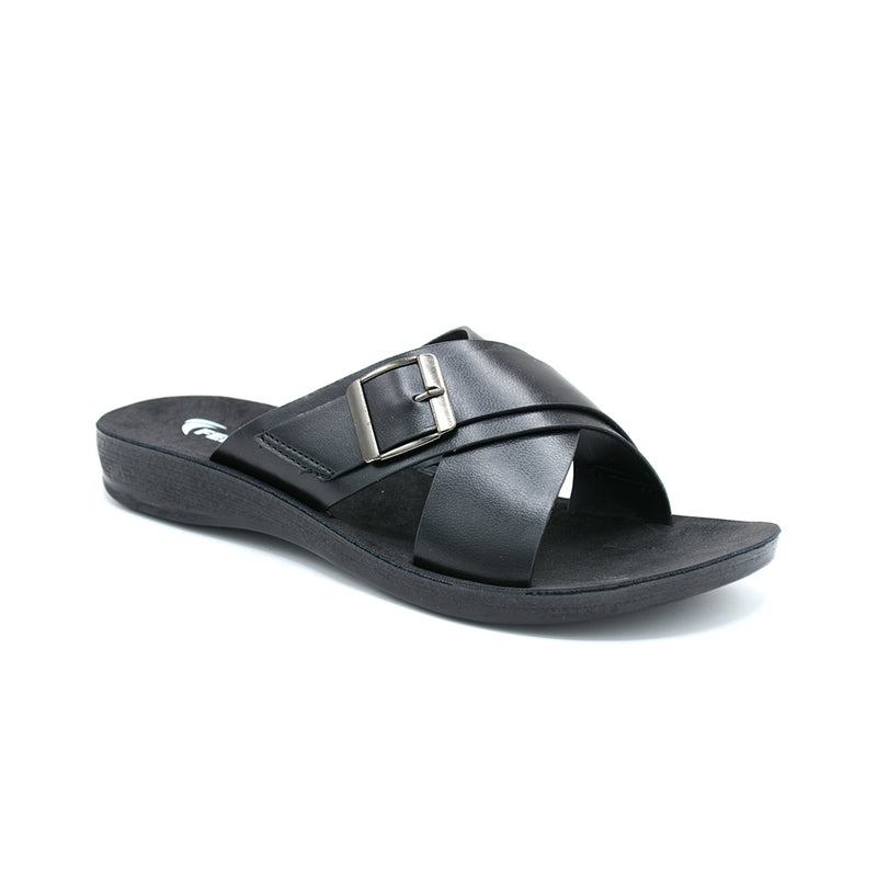 Cross-Strap Buckle Slide Sandal in Black