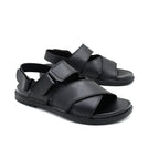 Black Leather Cross-Strap Velcro Comfort Sandal