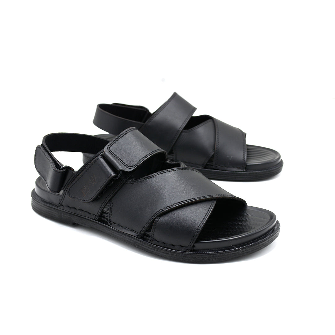 Black Leather Cross-Strap Velcro Comfort Sandal