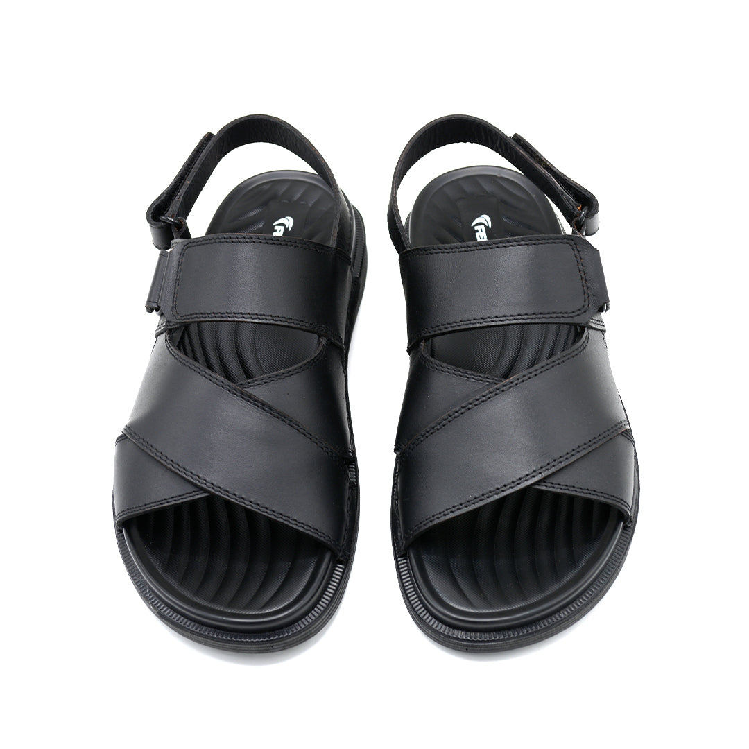 Black Leather Cross-Strap Velcro Comfort Sandal