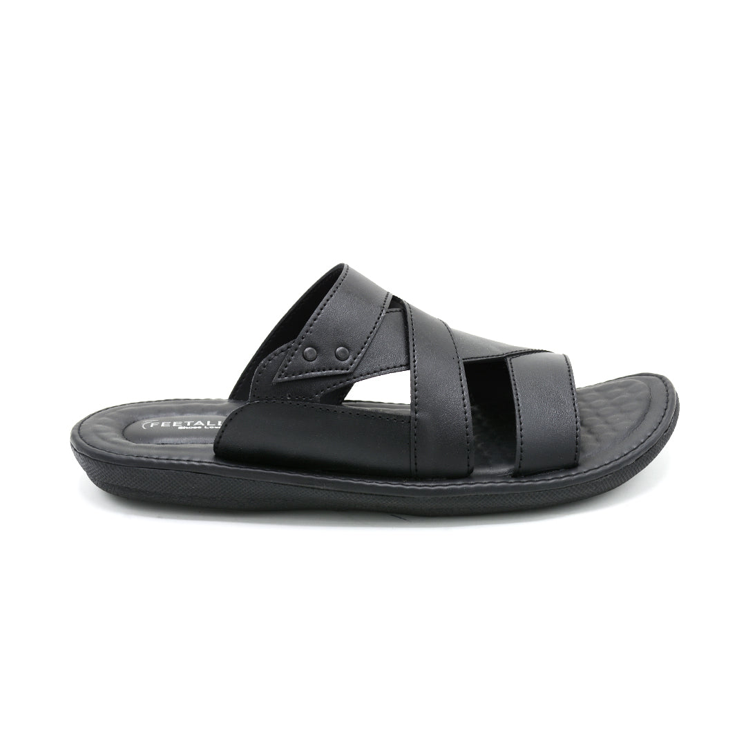 Elite Black Leather Cross-Strap Slide Sandals