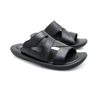 Elite Black Leather Cross-Strap Slide Sandals