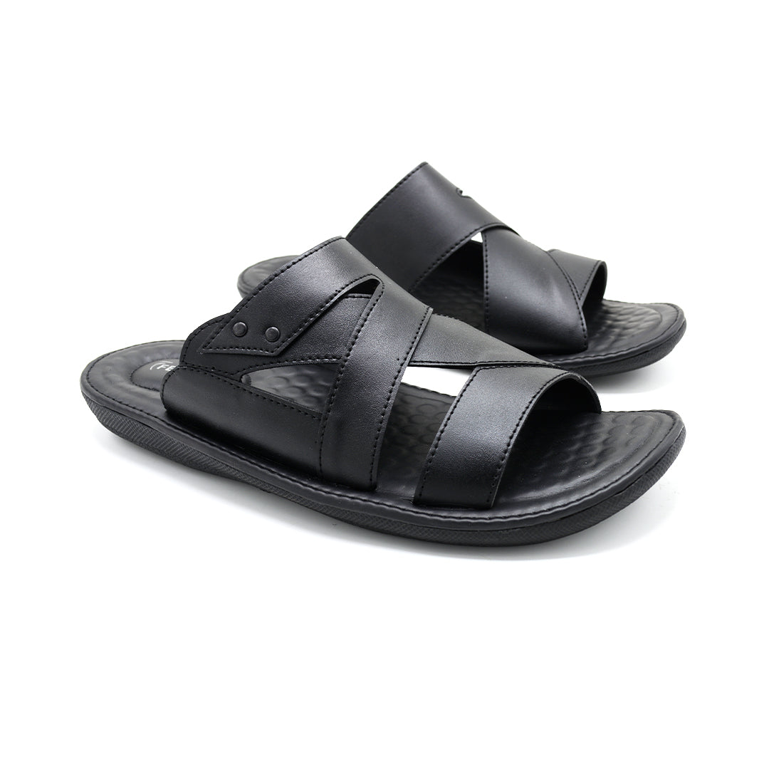 Elite Black Leather Cross-Strap Slide Sandals