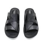 Elite Black Leather Cross-Strap Slide Sandals