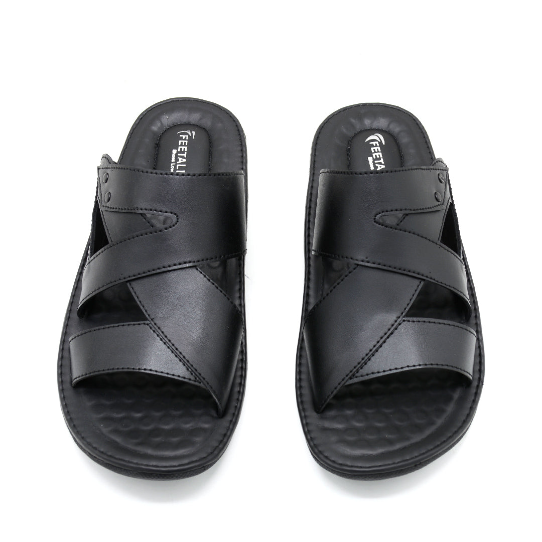 Elite Black Leather Cross-Strap Slide Sandals