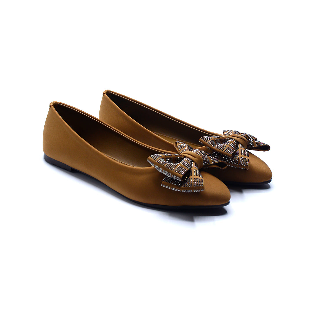 Tan Embellished Bow Ballet Flats for Women