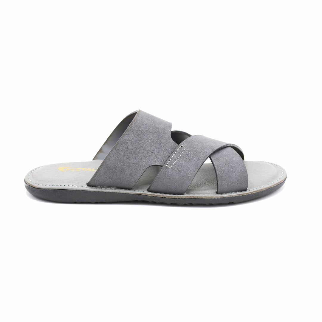 Cross-Strap Grey Suede Slide Sandals