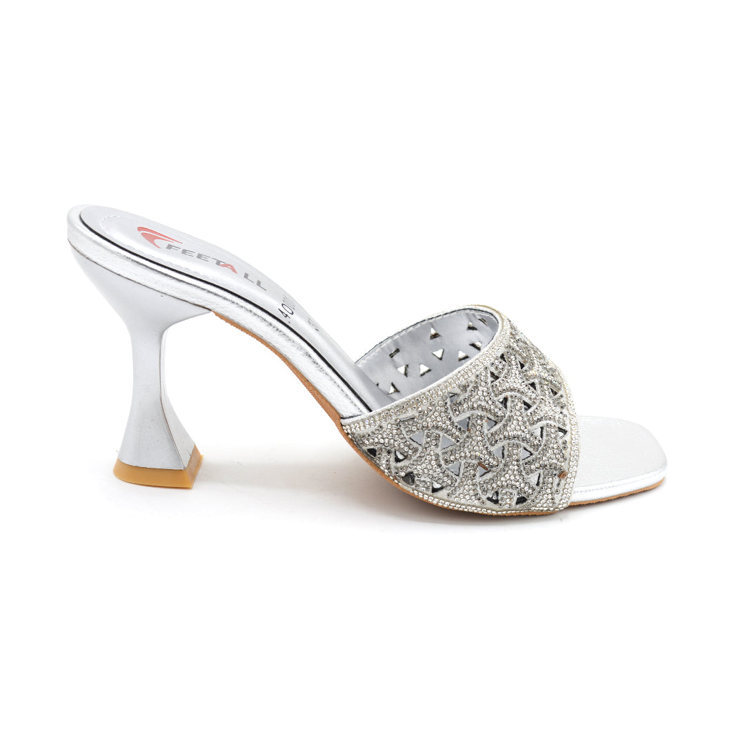 Crystal Cutout Slide Heels Silver Glam