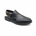 Black Leather Peshawari Chappal With Gold Buckle