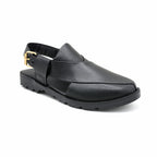 Black Leather Peshawari Chappal With Gold Buckle