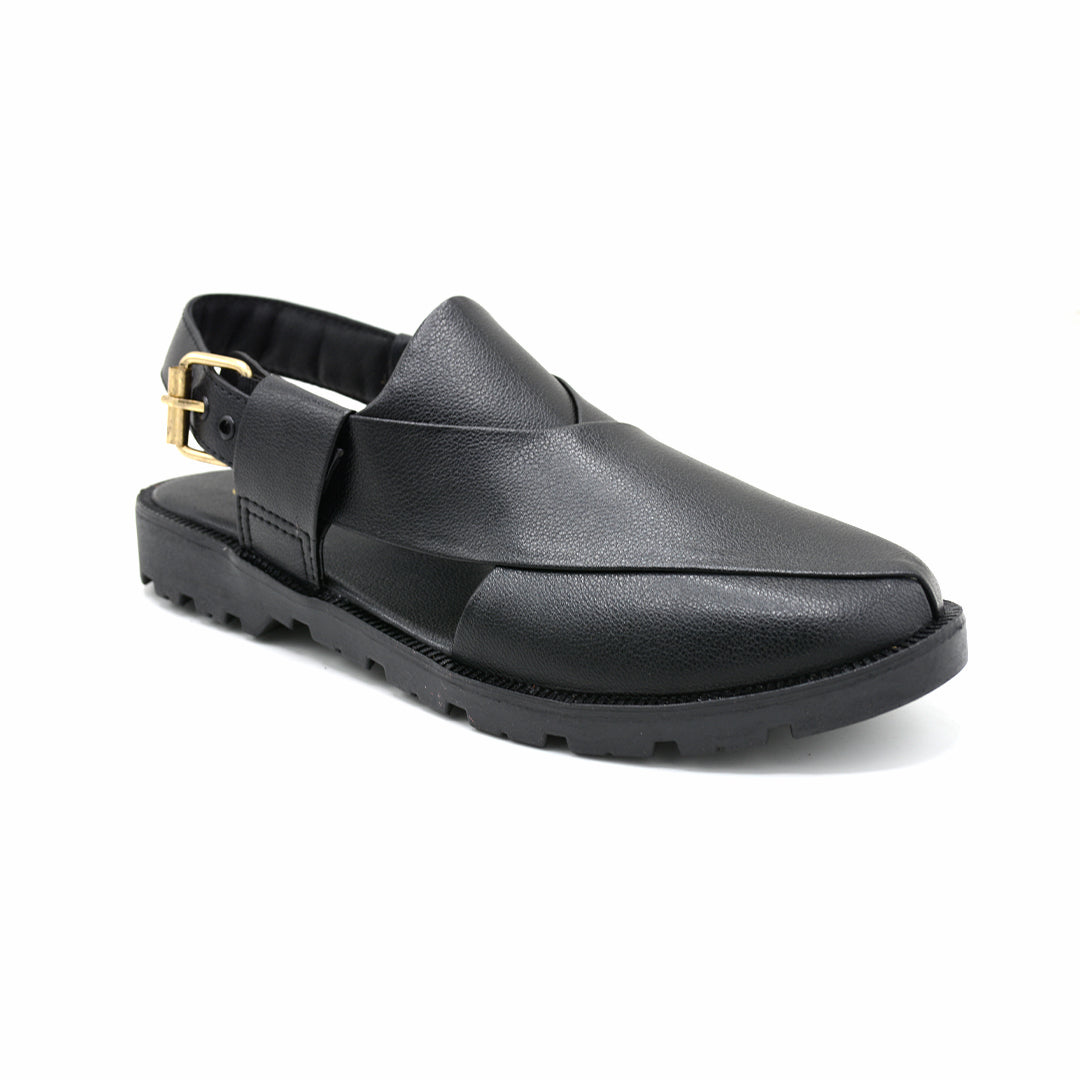 Black Leather Peshawari Chappal With Gold Buckle
