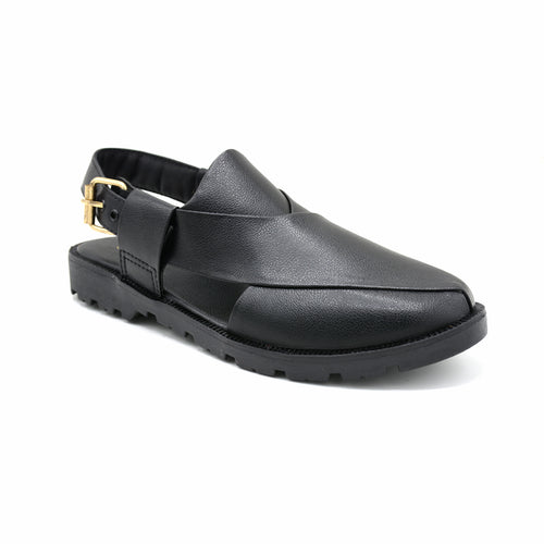 Black Leather Peshawari Chappal With Gold Buckle