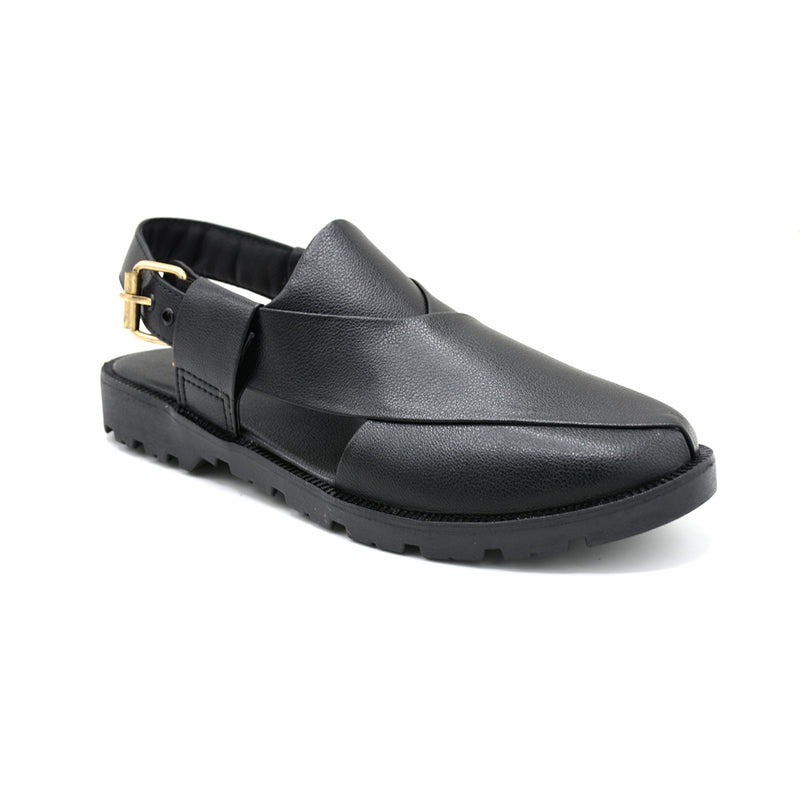 Black Leather Peshawari Chappal With Gold Buckle