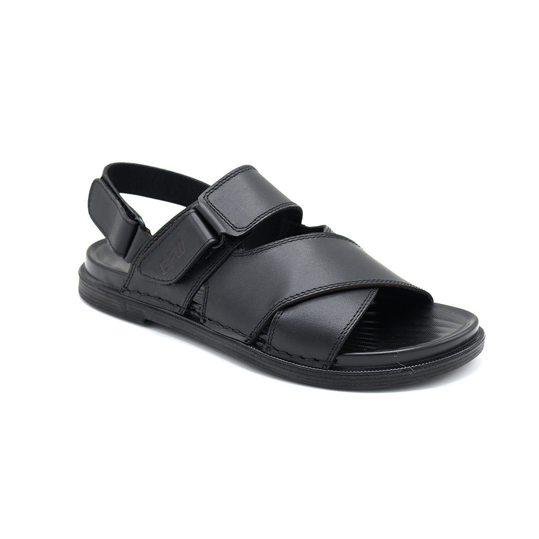 Black Leather Cross-Strap Velcro Comfort Sandal