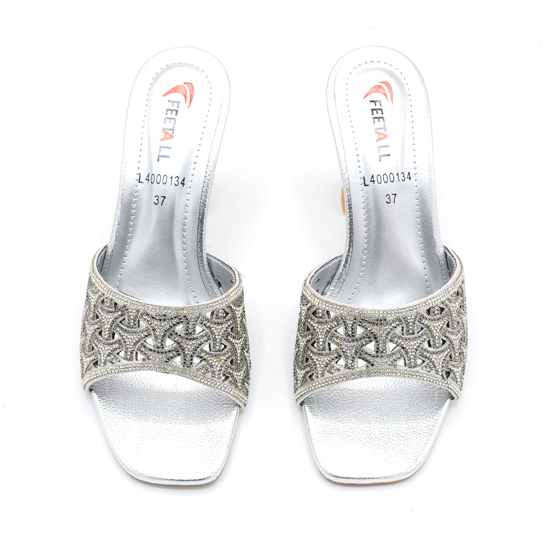 Crystal Cutout Slide Heels Silver Glam
