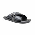 Cross-Strap Buckle Leather Slide Sandals