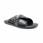 Cross-Strap Buckle Leather Slide Sandals