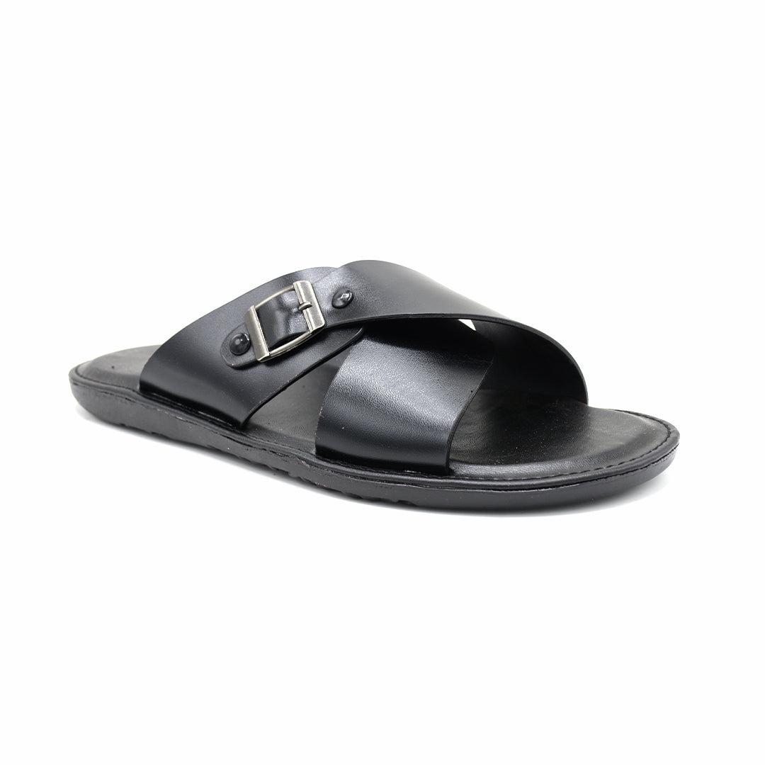 Cross-Strap Buckle Leather Slide Sandals