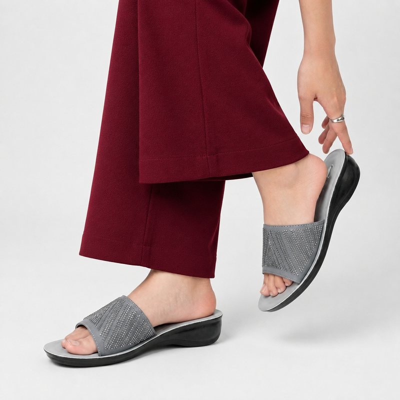 Rhinestone Glam Grey Wedge Slide Sandal