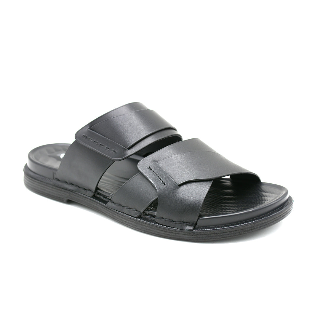 Cross-Strap Black Leather Slide Sandals