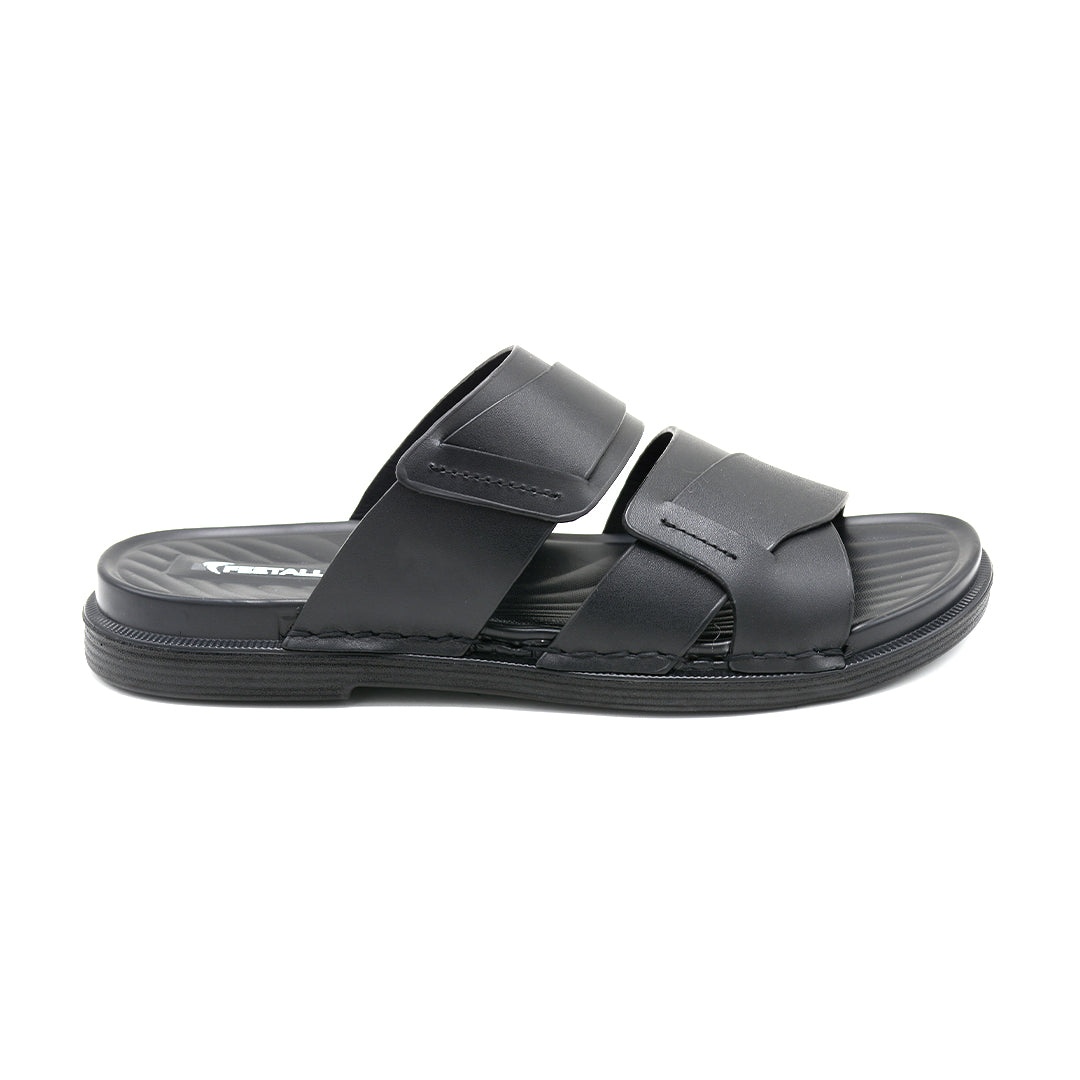 Cross-Strap Black Leather Slide Sandals
