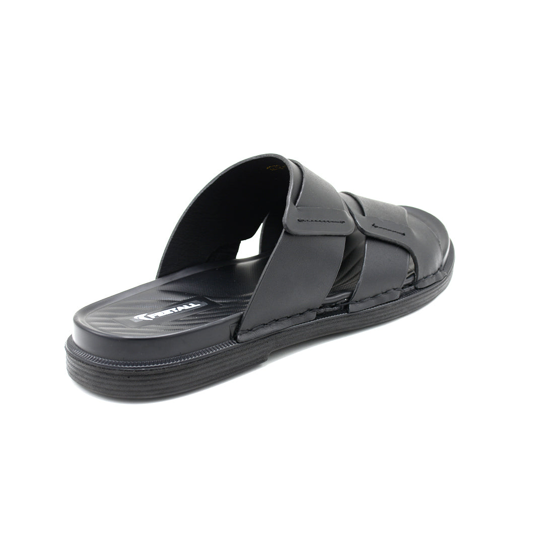 Cross-Strap Black Leather Slide Sandals