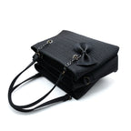 Black Croc-Textured Handbag with Bow Charm