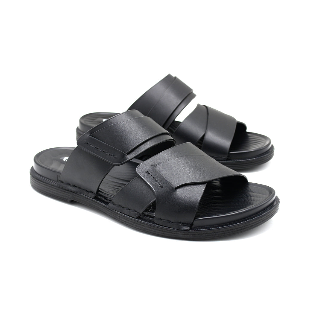 Cross-Strap Black Leather Slide Sandals