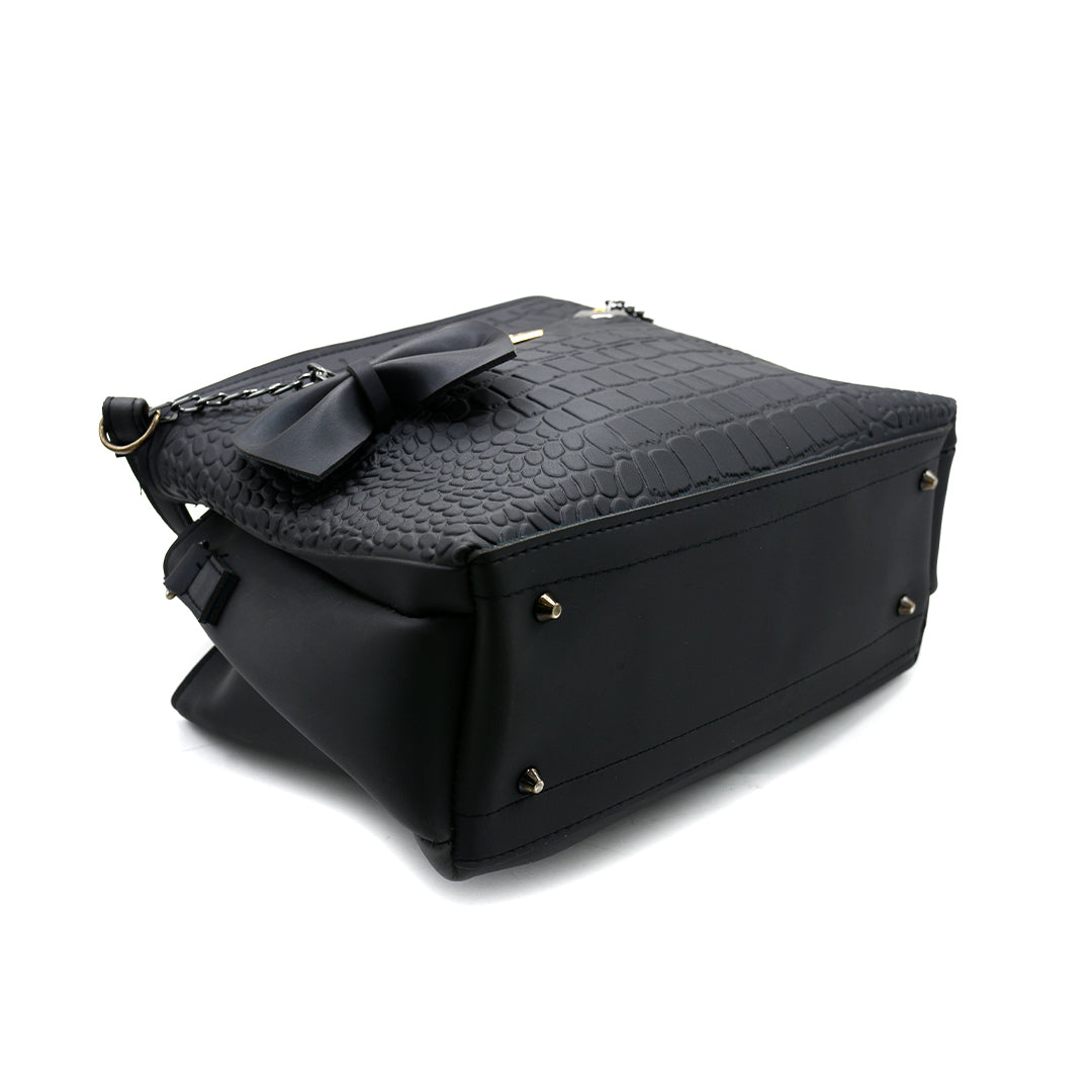 Black Croc-Textured Handbag with Bow Charm
