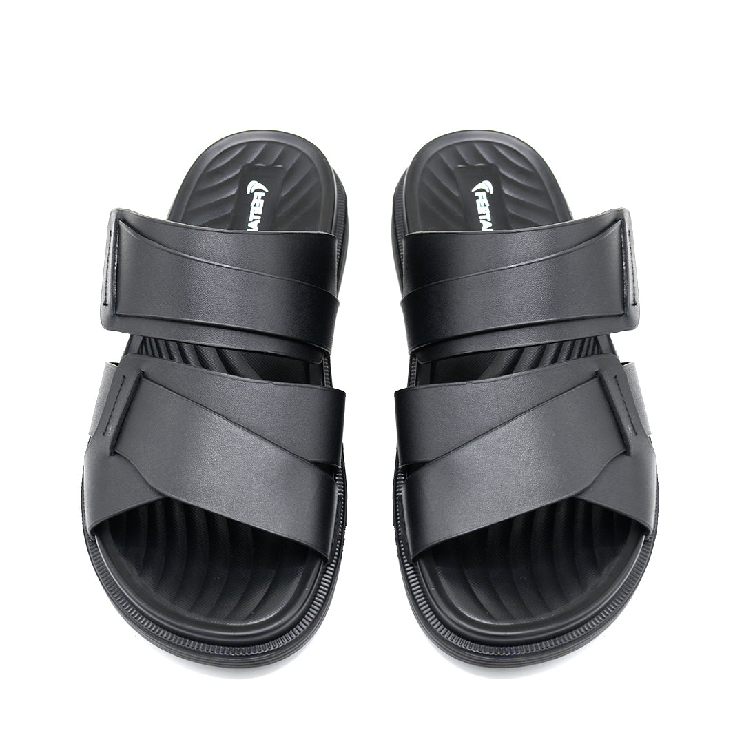Cross-Strap Black Leather Slide Sandals