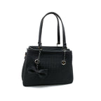 Black Croc-Textured Handbag with Bow Charm