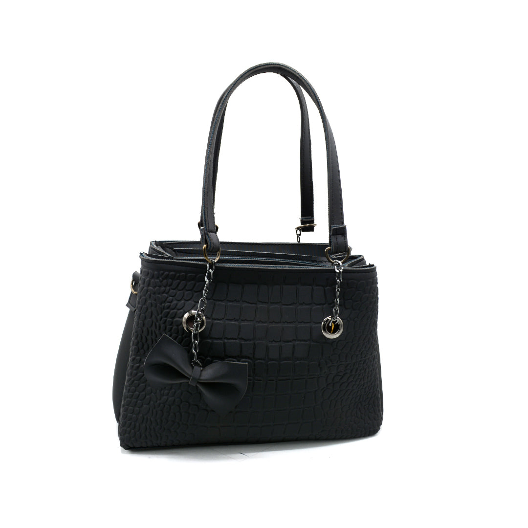 Black Croc-Textured Handbag with Bow Charm