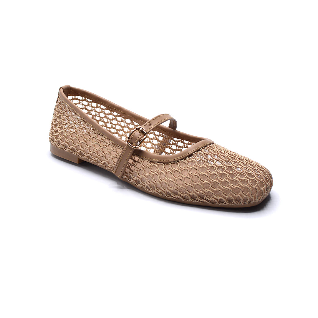 Beige Mesh Mary Jane Flats with Buckle Strap