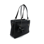 Black Croc-Textured Handbag with Bow Charm