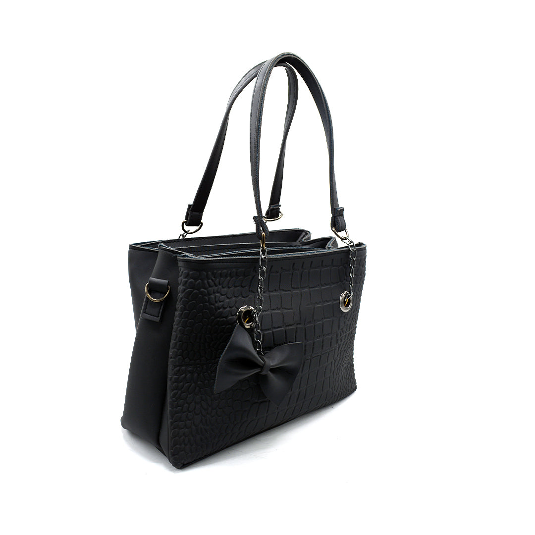 Black Croc-Textured Handbag with Bow Charm