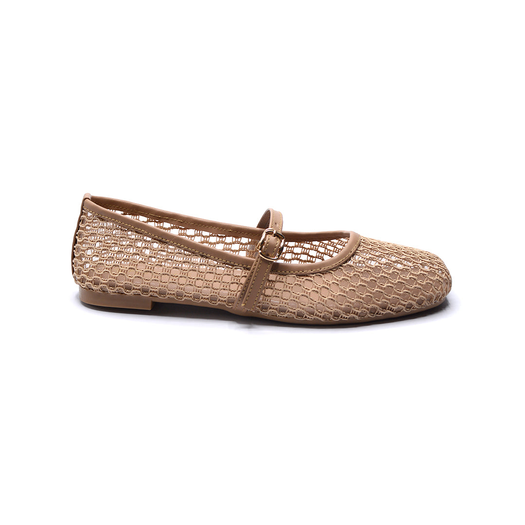Beige Mesh Mary Jane Flats with Buckle Strap