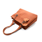 Brown Croc-Textured Handbag with Bow Charm