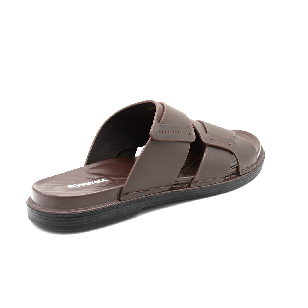 Cross-Strap Brown Leather Slide Sandals