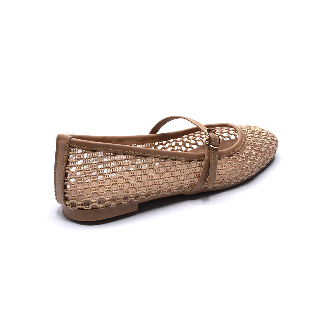 Beige Mesh Mary Jane Flats with Buckle Strap