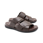 Cross-Strap Brown Leather Slide Sandals