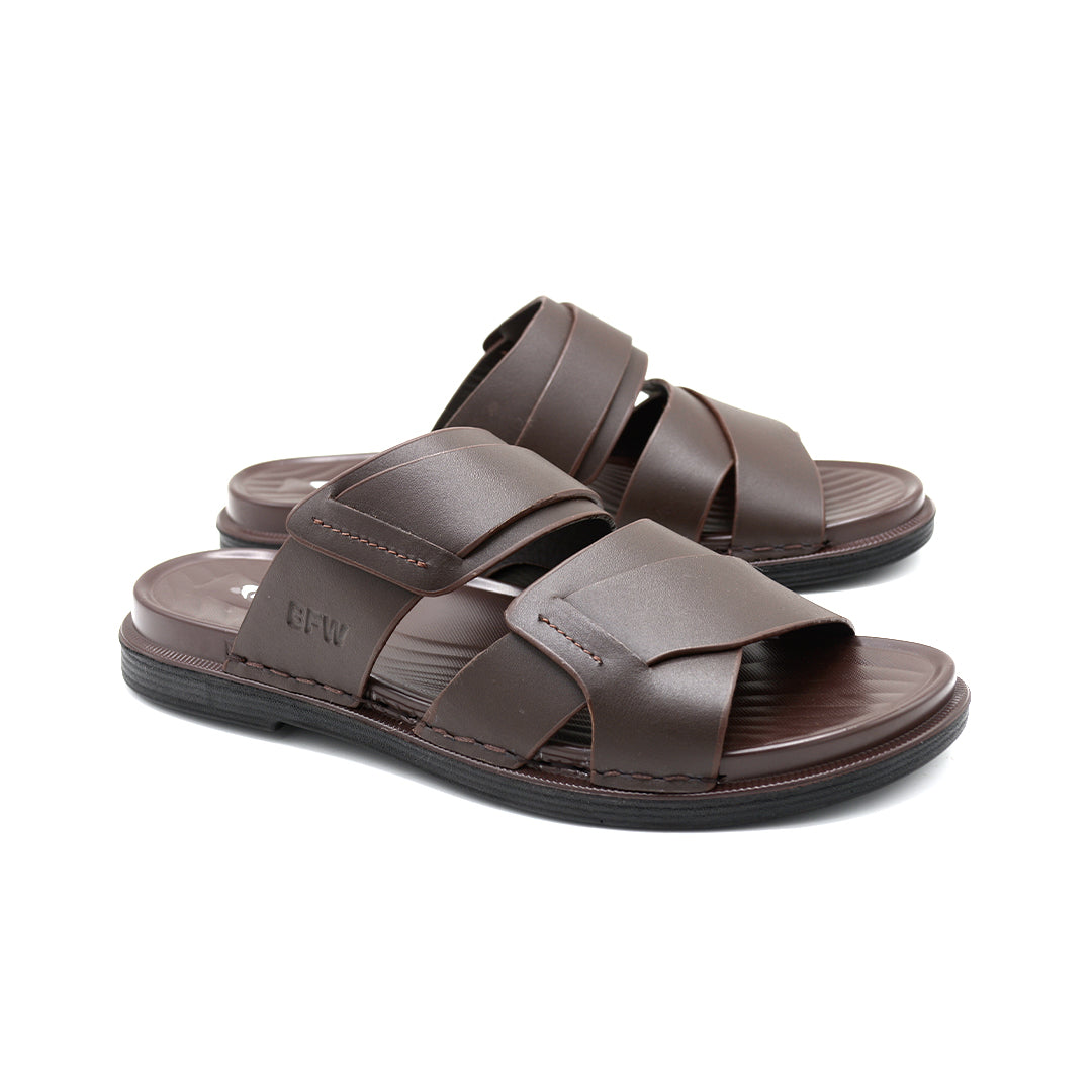Cross-Strap Brown Leather Slide Sandals