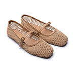 Beige Mesh Mary Jane Flats with Buckle Strap