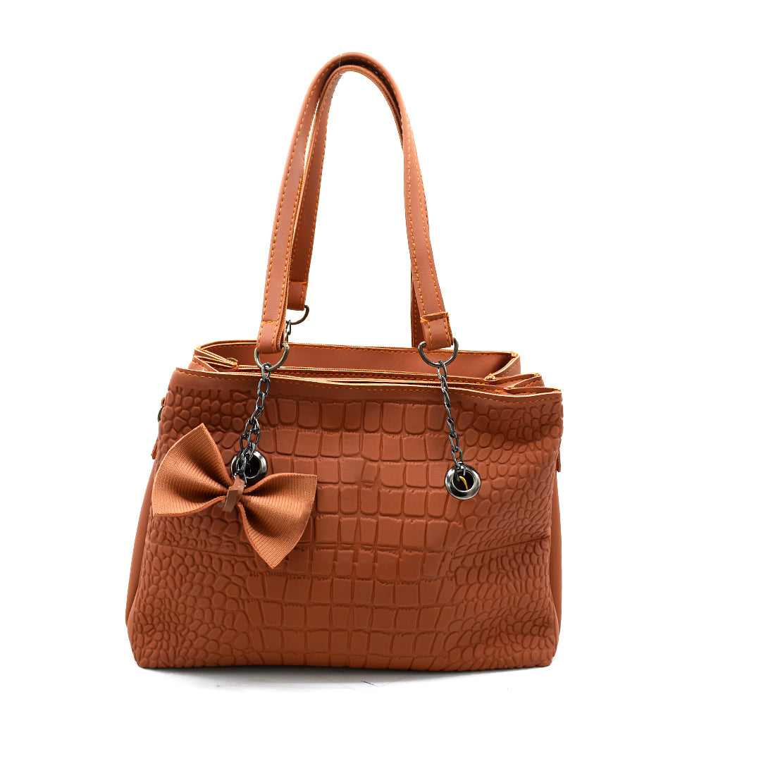 Brown Croc-Textured Handbag with Bow Charm
