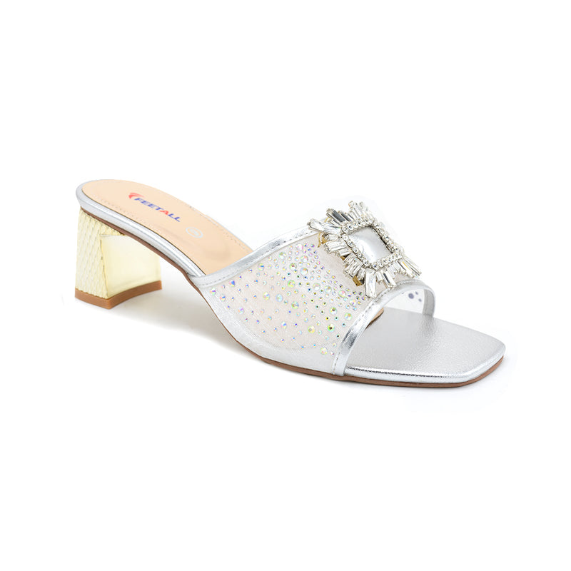 Crystal Brooch Mesh Block Heel Mule