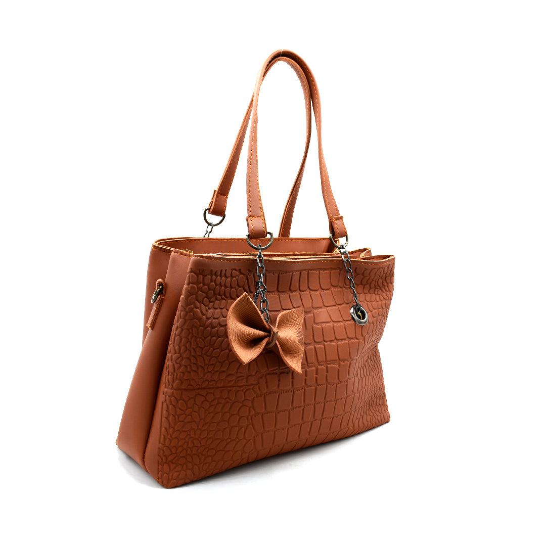 Brown Croc-Textured Handbag with Bow Charm