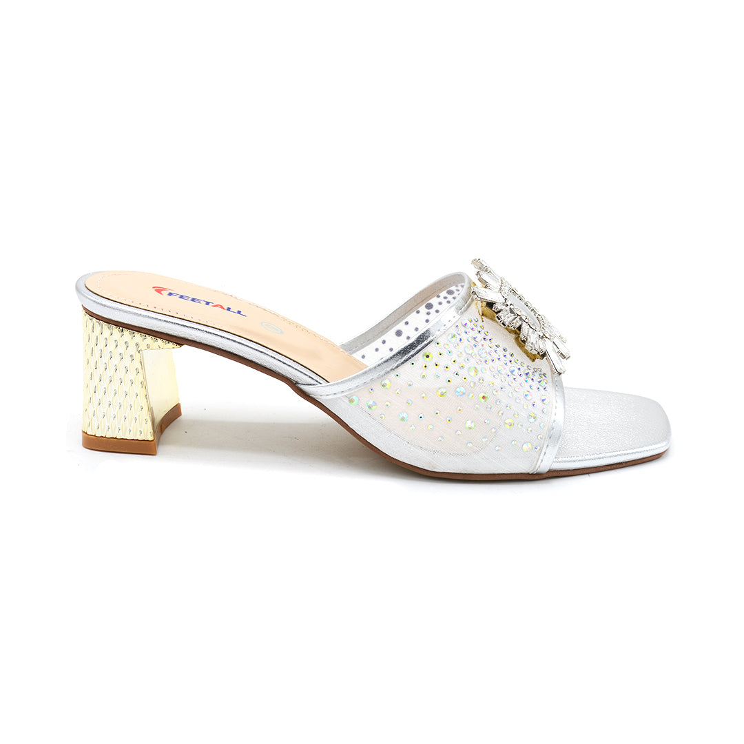 Crystal Brooch Mesh Block Heel Mule