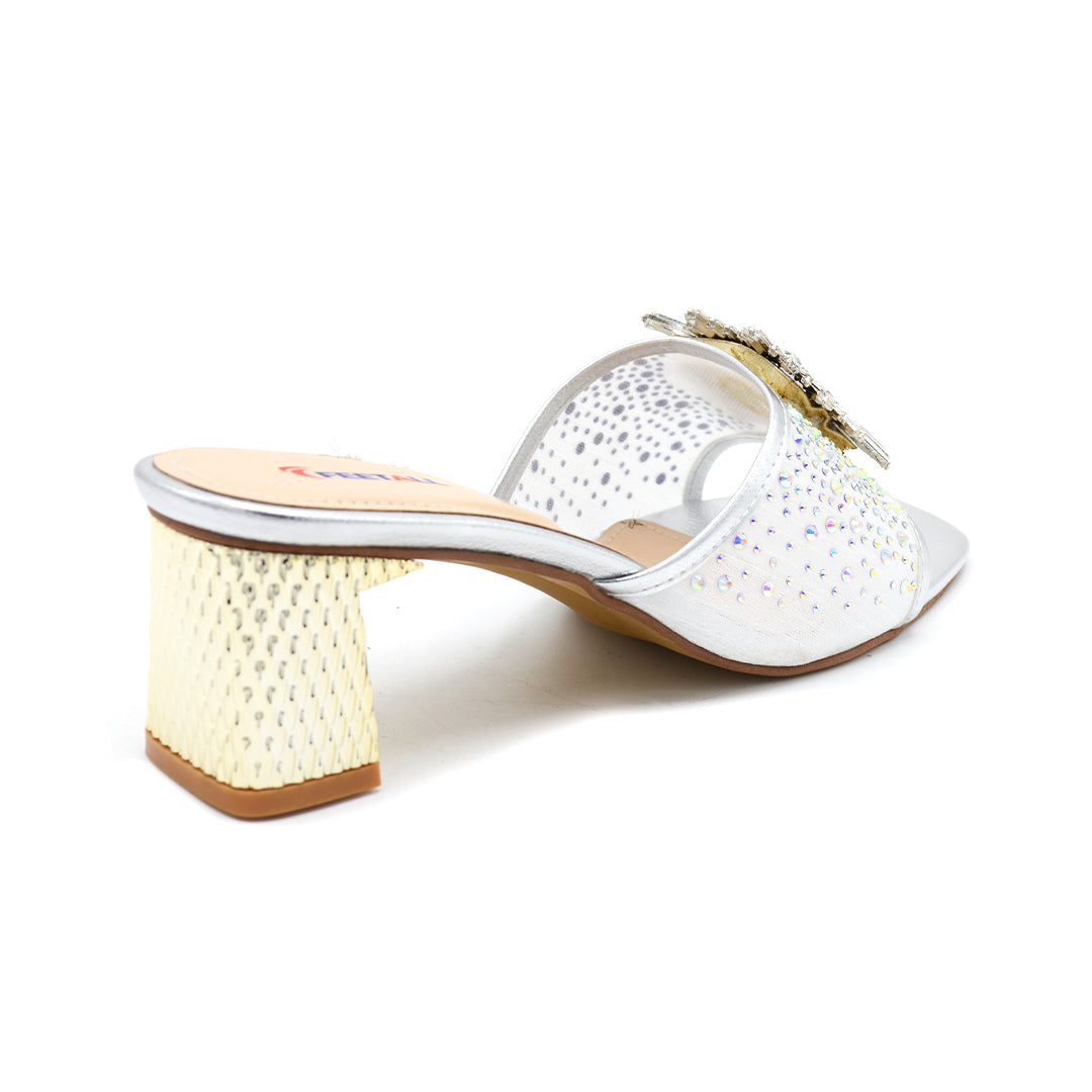Crystal Brooch Mesh Block Heel Mule