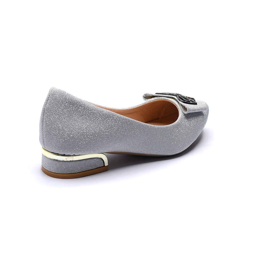 Silver Glitter Bow Pointed-Toe Low-Heel Flats